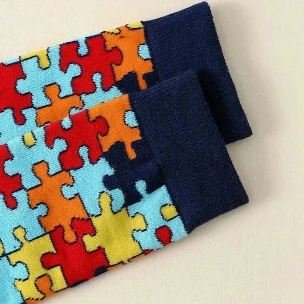 Crew cut socks red and blue men's fashion women's unisex puzzle piece women's je